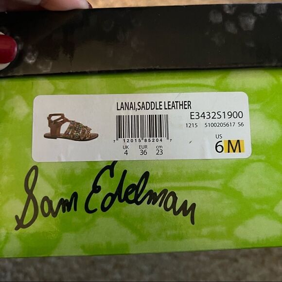 SAM EDELMAN Lanai Embellished Strappy Flat Sandals In Saddle - Picture 12 of 14